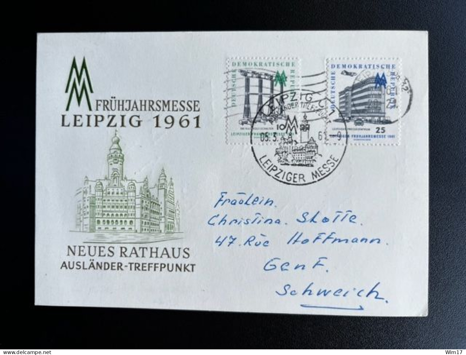 EAST GERMANY DDR 1961 POSTCARD LEIPZIG TO GENEVE 05-03-1961 OOST DUITSLAND DEUTSCHLAND FRUHJAHRSMESSE - Cartes Postales Privées - Oblitérées