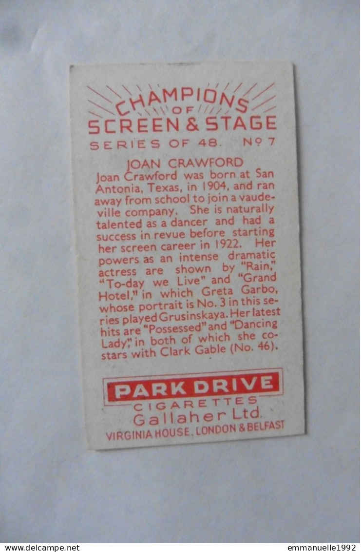 Chromo Cigarettes Gallaher 1934 Actrice Joan Crawford N°7 Screen & Stage Series - Gallaher