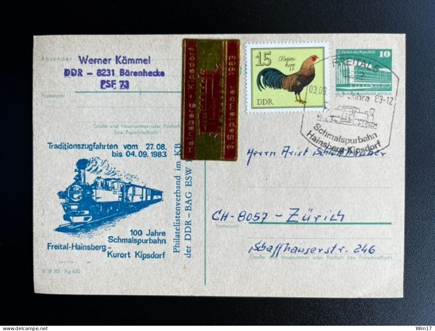 EAST GERMANY DDR 1983 POSTCARD FREITAL TO ZURICH 03-09-1983 OOST DUITSLAND DEUTSCHLAND TRAINS - Postcards - Used