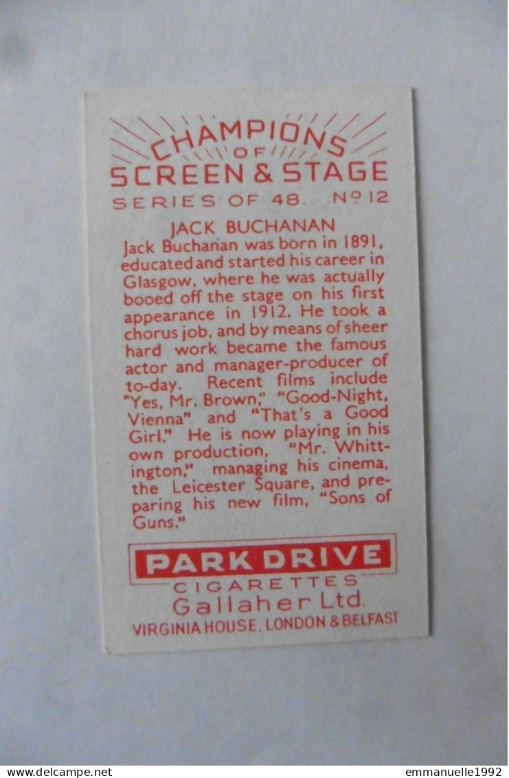 Chromo Cigarettes Gallaher 1934 Acteur Jack Buchanan N°12 Screen & Stage Series - Gallaher