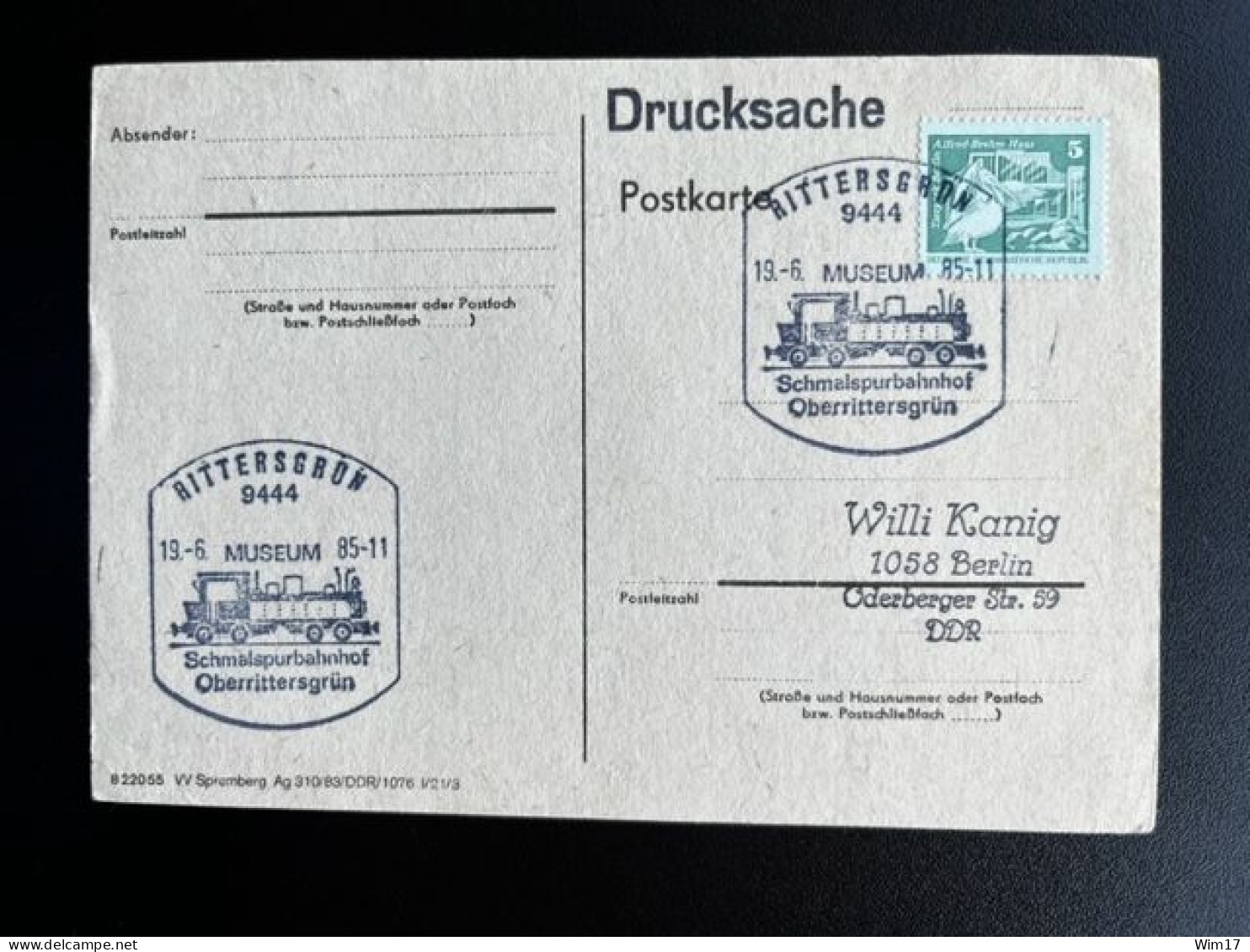 EAST GERMANY DDR 1985 POSTCARD RITTERSGRUN TO BERLIN 19-06-1985 OOST DUITSLAND DEUTSCHLAND TRAINS - Postales - Usados