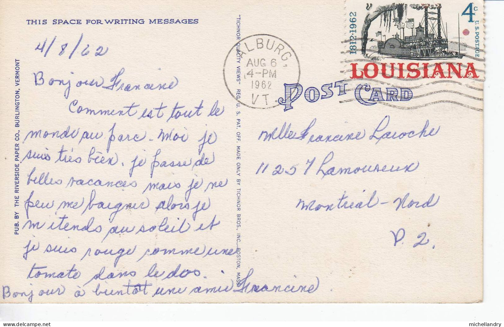 Carte Postal (123652) Roosevelt Ferry Lake Champlain 6 August 1962 Timbre 4cent US Avec écriture - Otros & Sin Clasificación