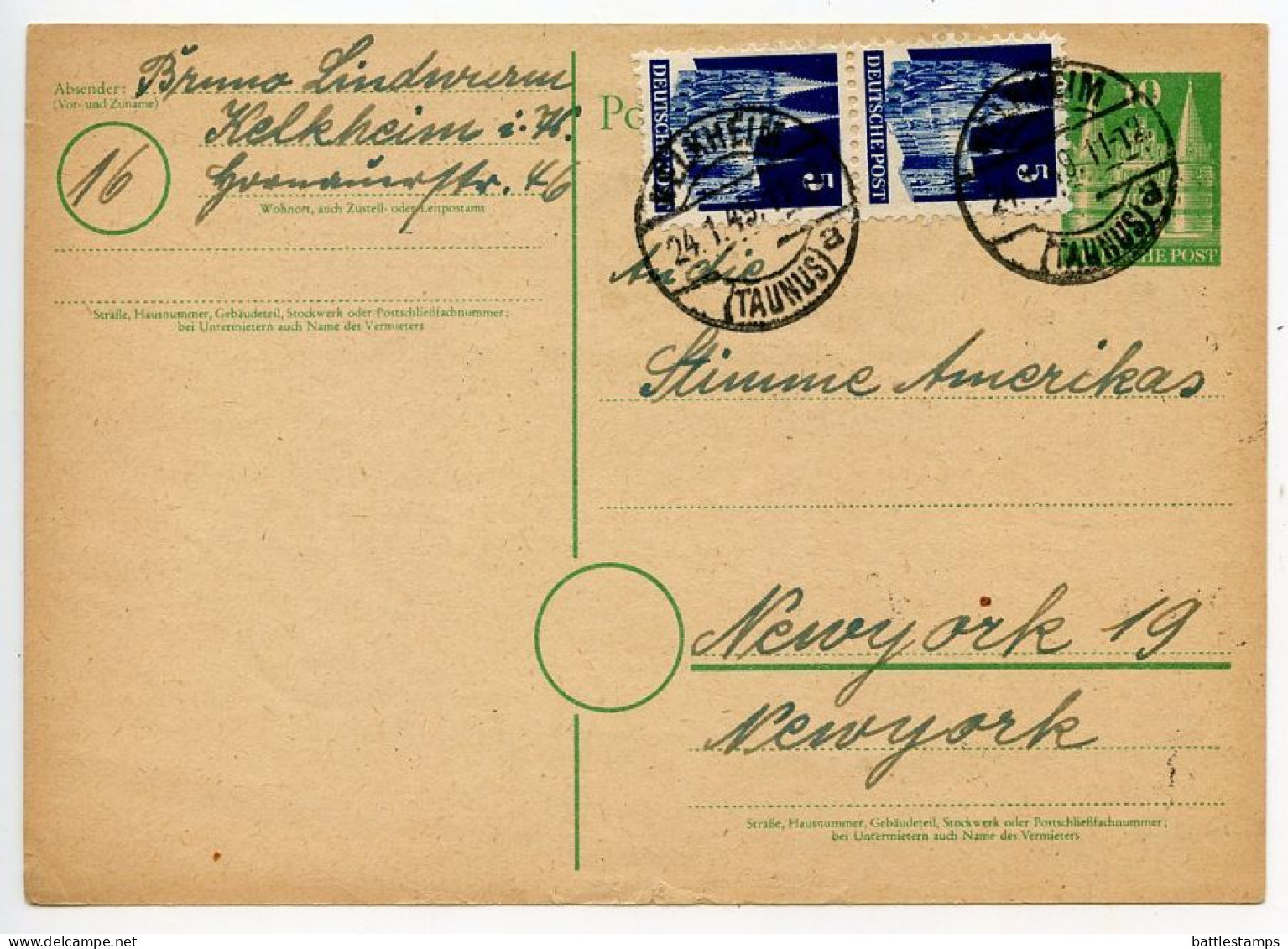 Germany 1949 Uprated 10pf. Holsten Gate Postal Card; Helkheim To New York, NY - Postal  Stationery