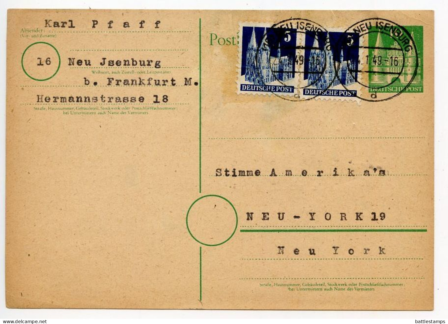 Germany 1949 Uprated 10pf. Holsten Gate Postal Card; Neu Jsenburg To New York, NY - Ganzsachen