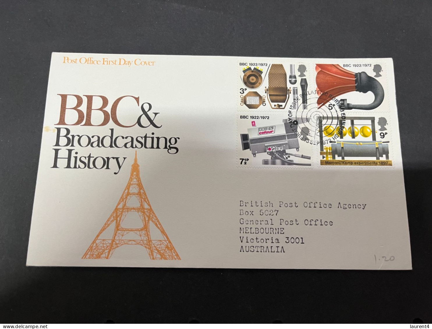 25-9-2023 (2 U 9) UK FDC Cover (1 Cover Posted To Australia) 1972 - BBC & Broadcasting History - 1971-1980 Decimal Issues