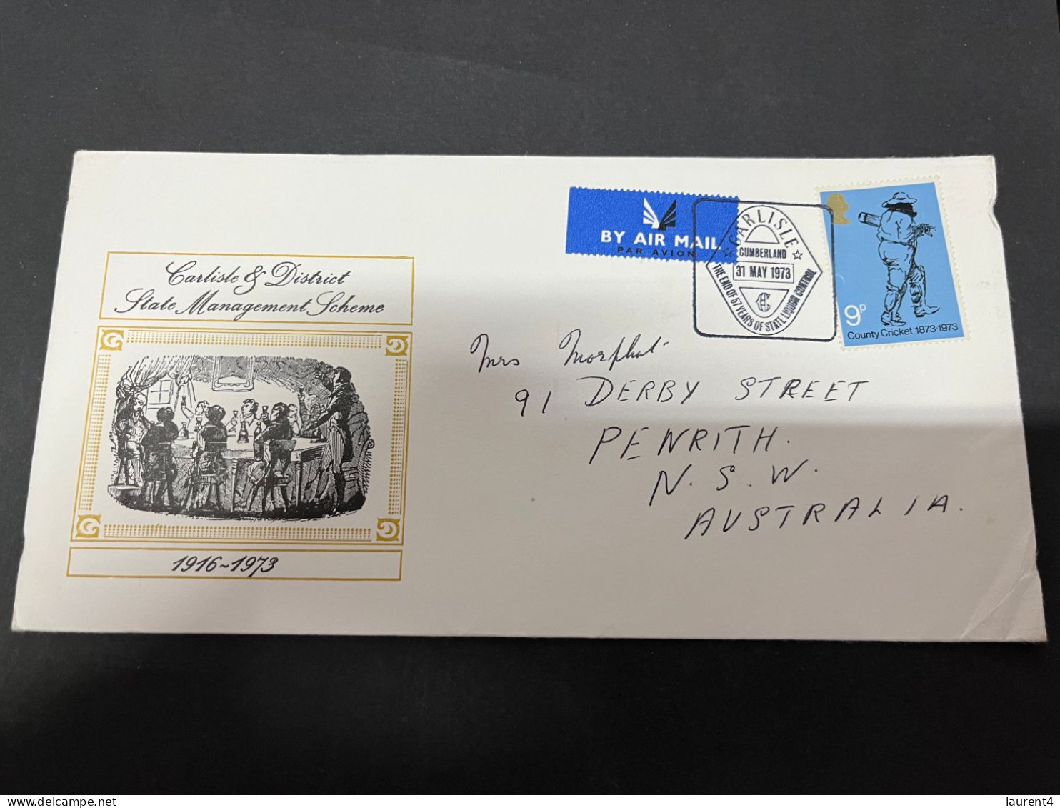 25-9-2023 (2 U 9) UK FDC Cover (1 Cover Posted To Australia Under-paid ? 1973) Carlisle (with Cricket 9p Stamp) + Insert - 1971-1980 Decimal Issues