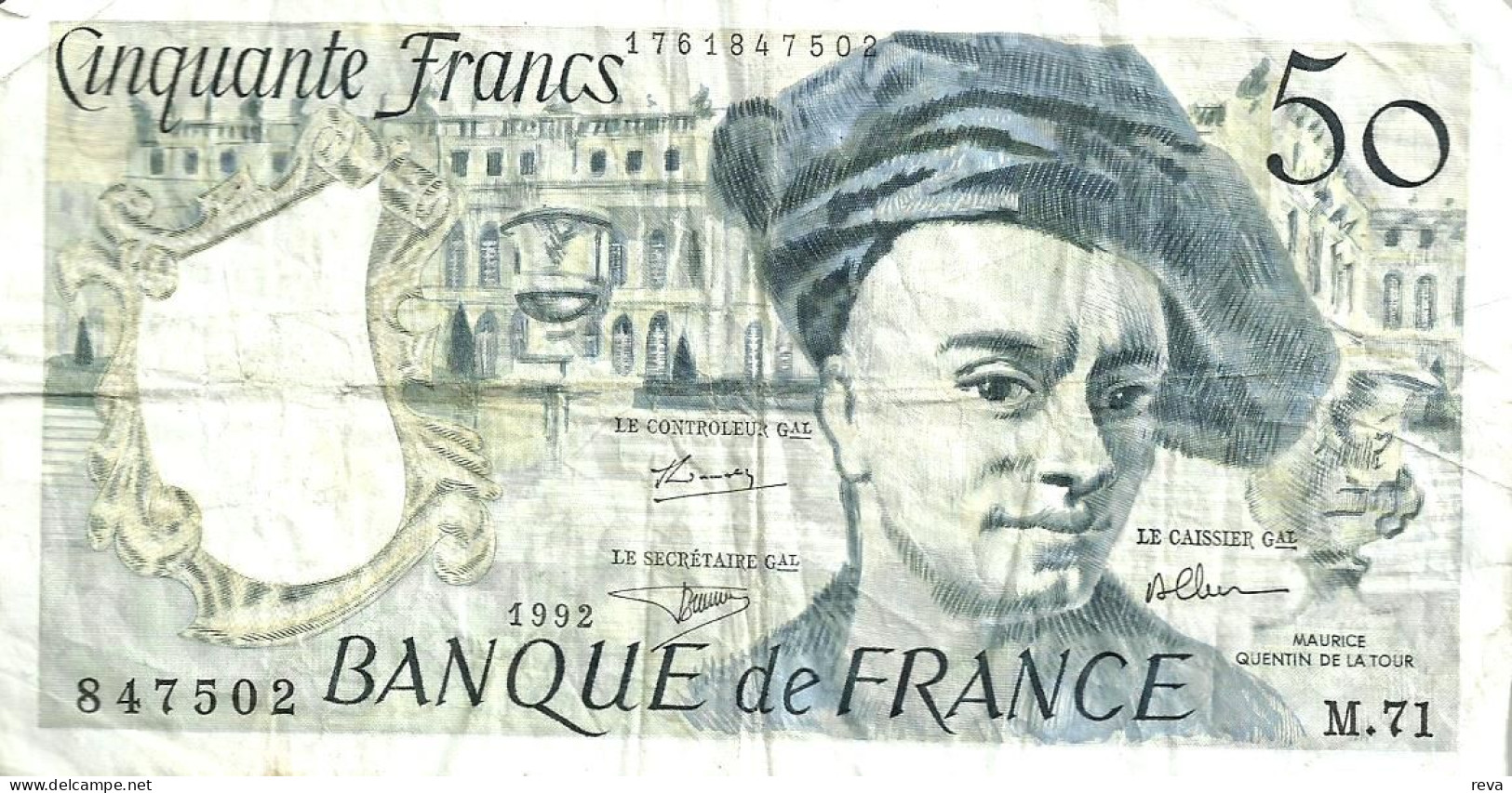 FRANCE 50 FRANCS YELLOWISH QUENTIN DE LA TOUR FRONT & MAN BACK DATED 1992 P152f F READ DESCRIPTION !! - 50 F 1976-1992 ''quentin De La Tour''