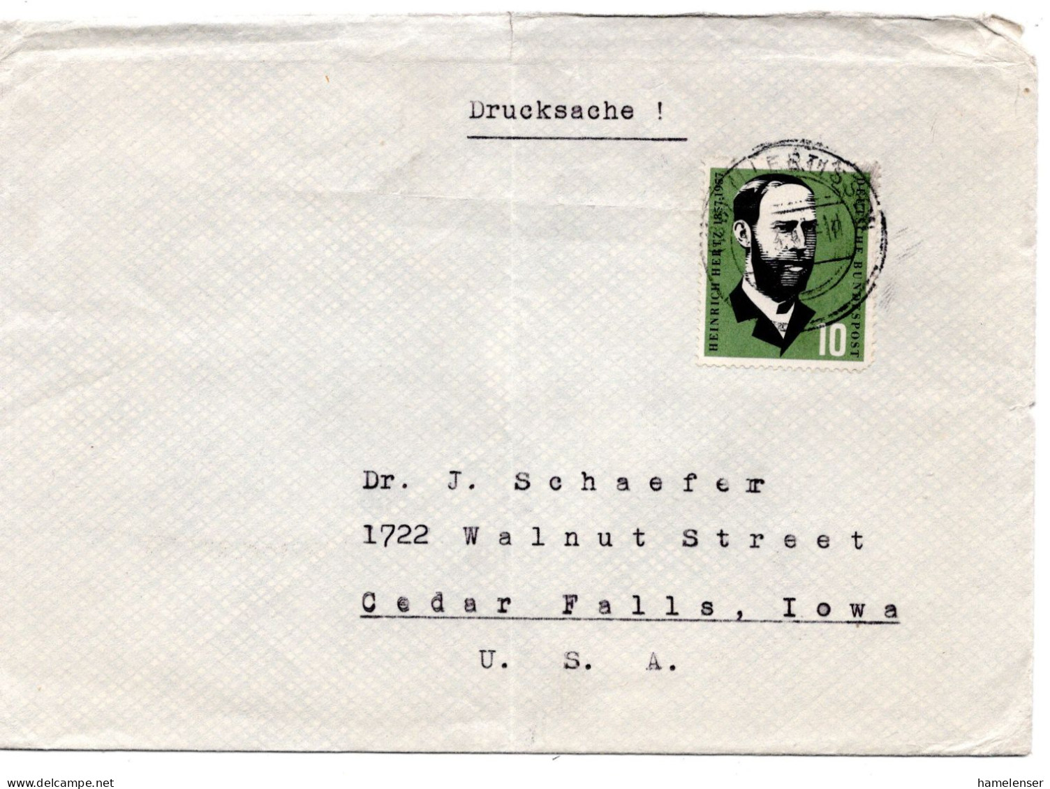 70048 - Bund - 1957 - 10Pfg Hertz EF A DrucksBf ILLERTISSEN -> Cedar Falls, IA (USA), Senkr Bug - Lettres & Documents