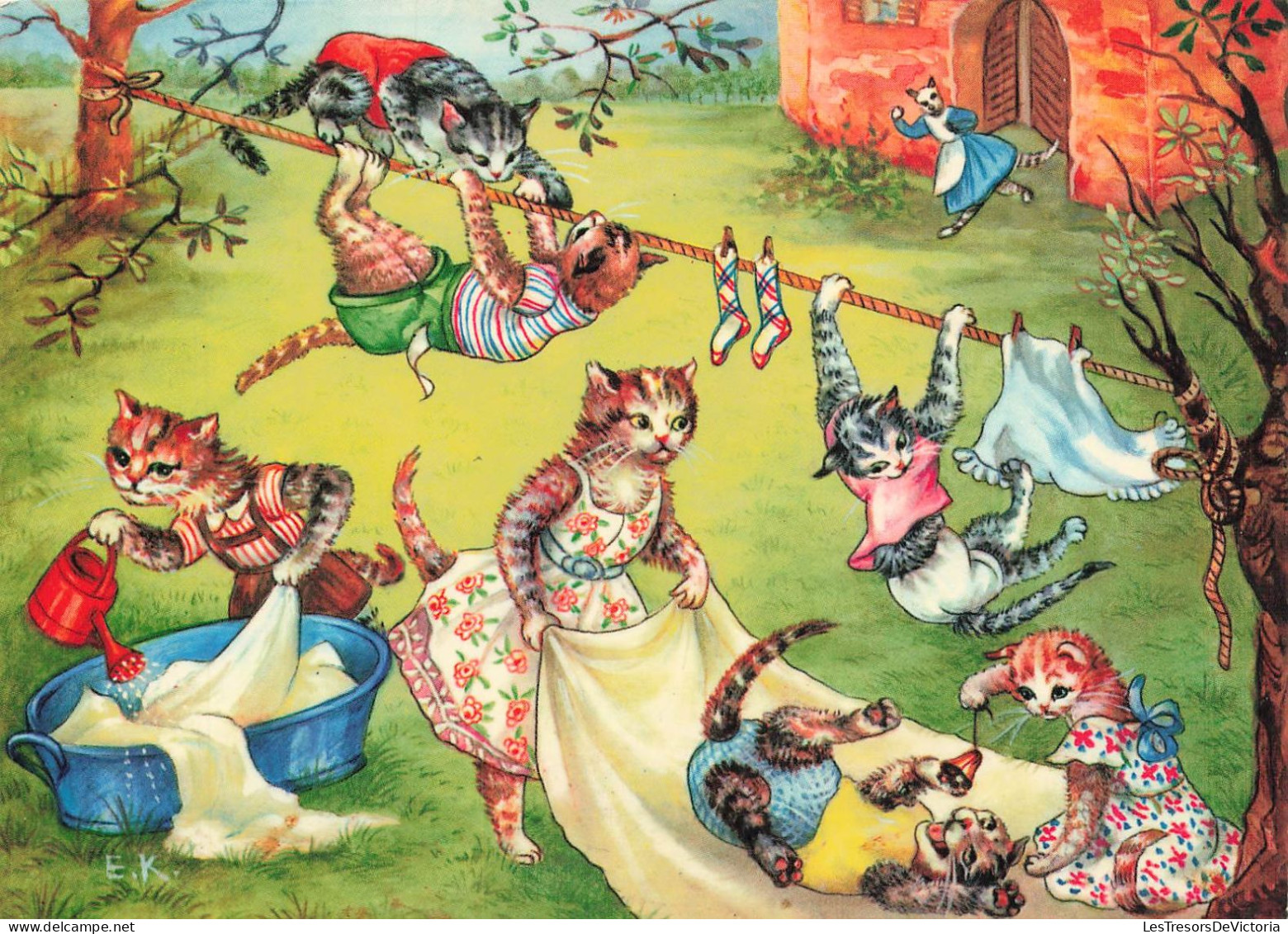 FANTAISIES - La Famille Chat Faisant La Lessive - Colorisé - Carte Postale Ancienne - Dressed Animals
