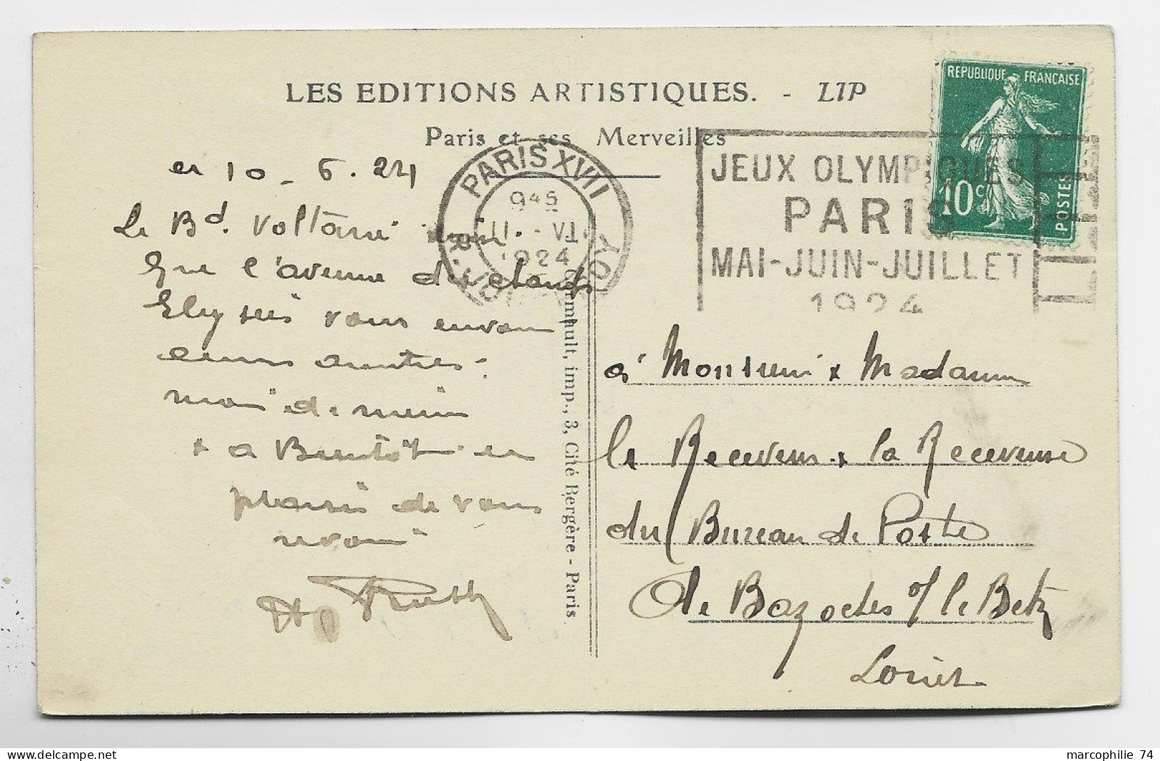 FRANCE SEMEUSE 10C VERT  CARTE MEC FLIER JEUX OLYMPIQUES PARIS XVII 11.VI.1924 R JOUFFROY - Summer 1924: Paris