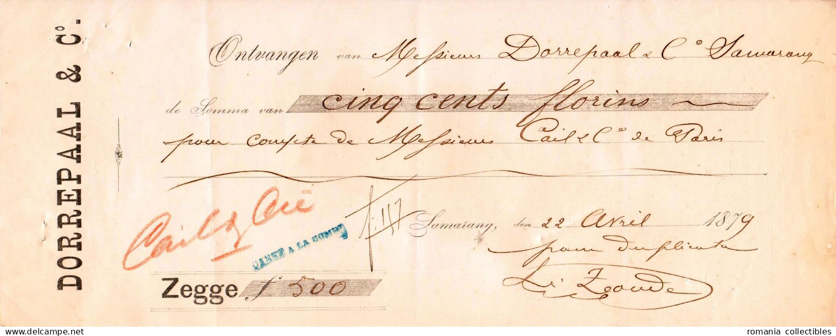 Netherlands East Indies, 1879, Vintage Cheque Order / Promissory Note / Billet A Ordre - Samarang - Chèques & Chèques De Voyage