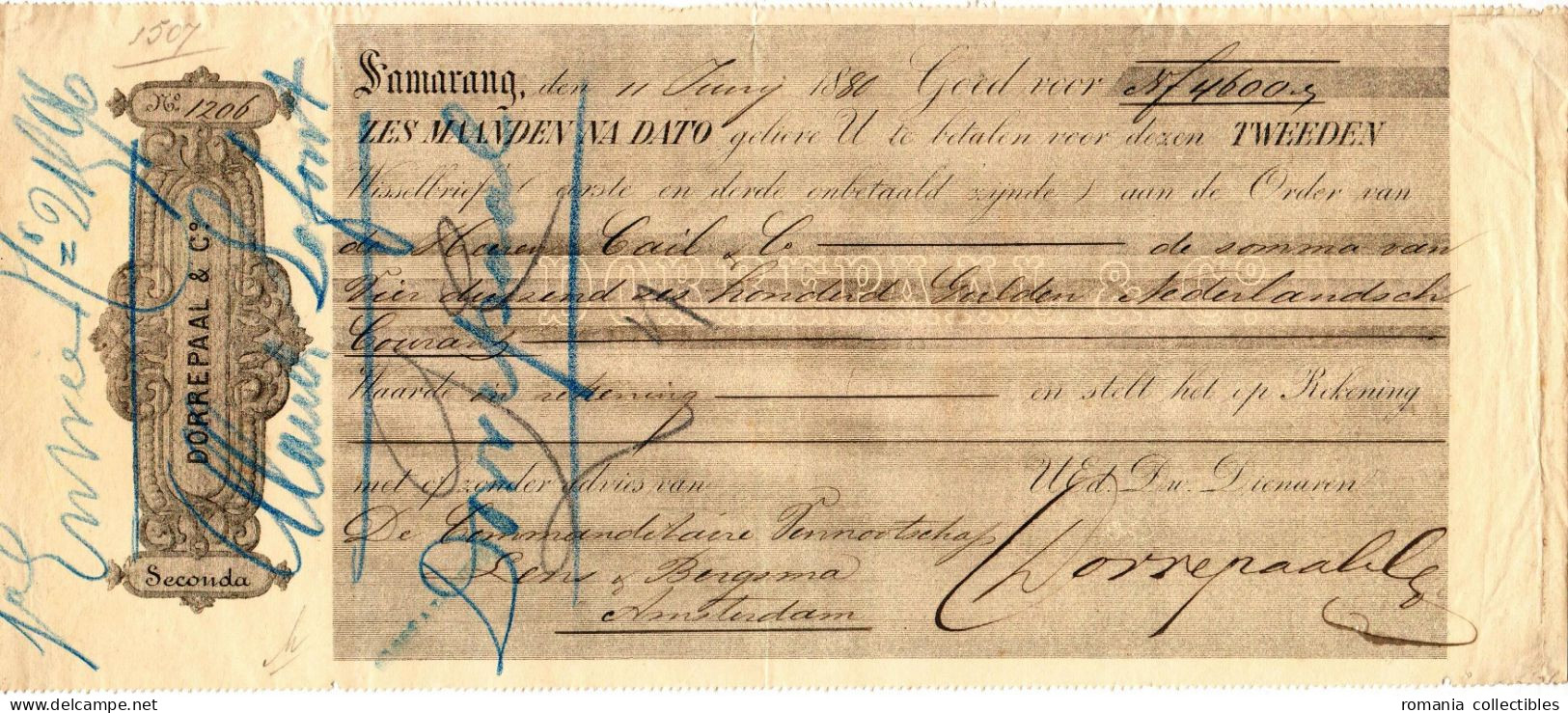 Netherlands East Indies, 1880, Vintage Cheque Order / Promissory Note / Billet A Ordre - Samarang - Chèques & Chèques De Voyage