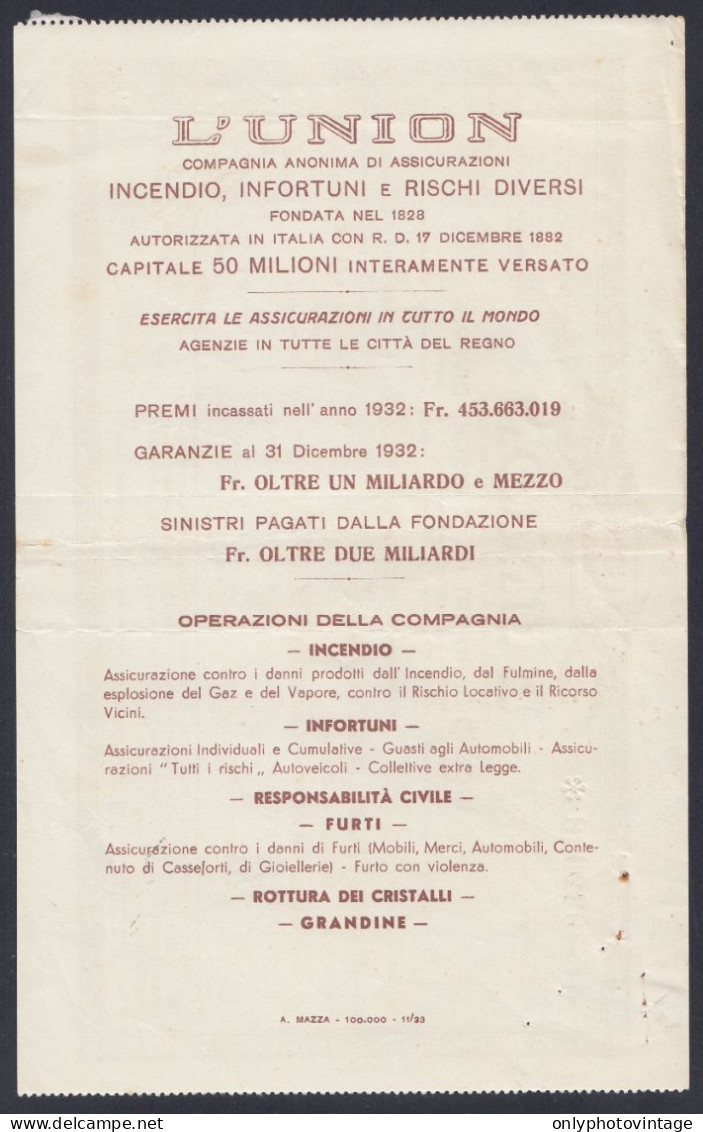 Biella 1944, L'Union, Compagnia Anonima Di Assicurazione, Incendio, Infortuni Quietanza, Polizza, R.S.I. - Banque & Assurance
