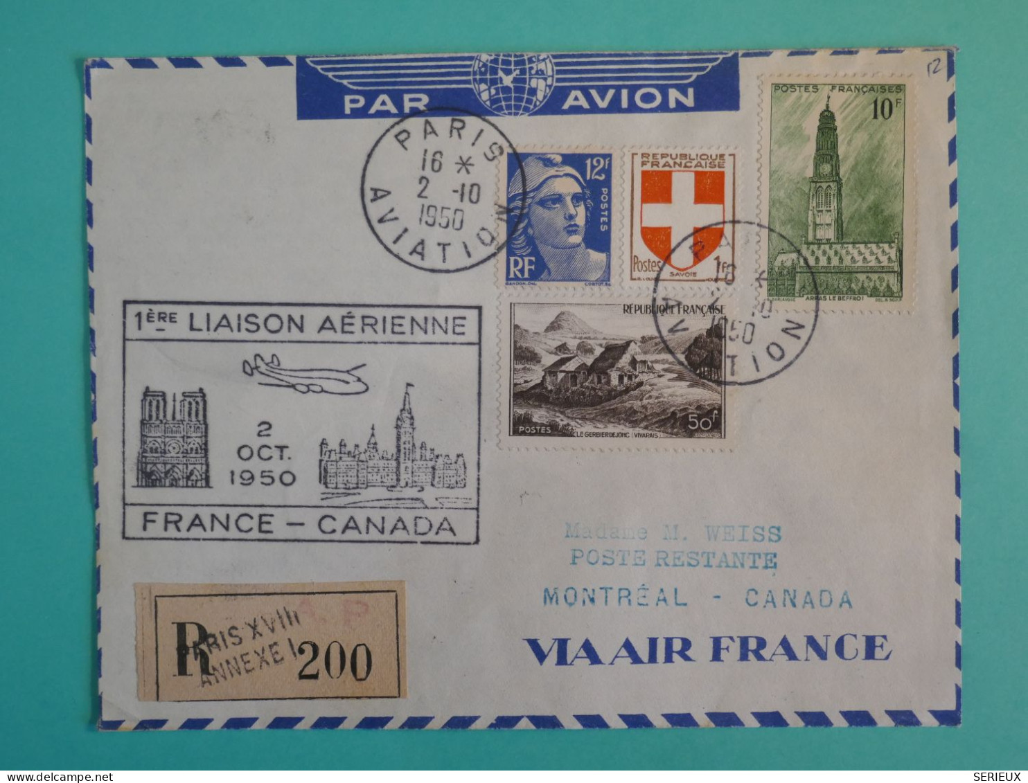 DB19 FRANCE BELLE LETTRE RR RECOM.  ++++ 1950 IER VOL PARIS A MONREAL CANADA  +++AFF.PLAISANT+++++ - First Flight Covers