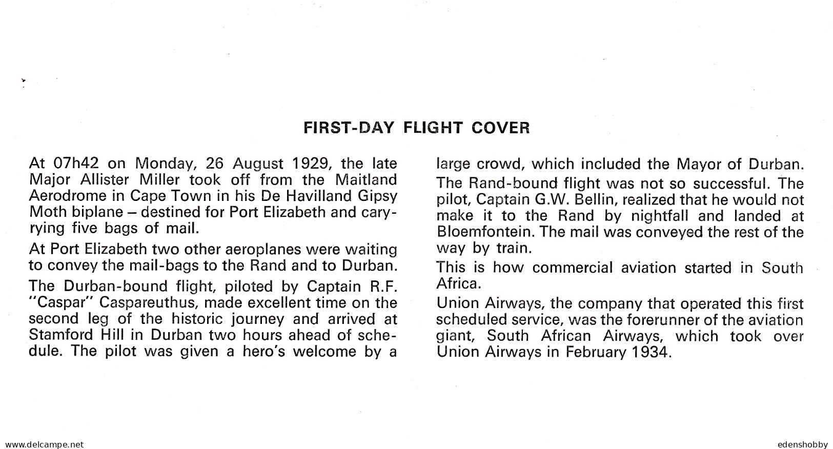 1977 South Africa First Day Covers - 10 Official Commemorative South African Airways Flight Covers with info inserts FDC