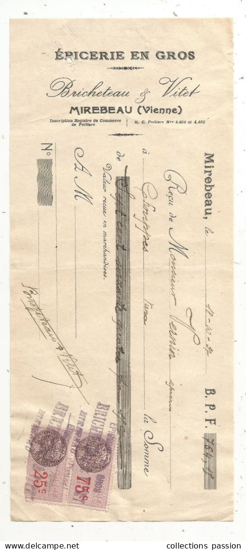 Lettre De Change, EPICERIE EN GROS,BRICHETEAU & VITET,  MIREBEAU,Vienne,1937, 2 Scans, Frais Fr 1.85 E - Bills Of Exchange