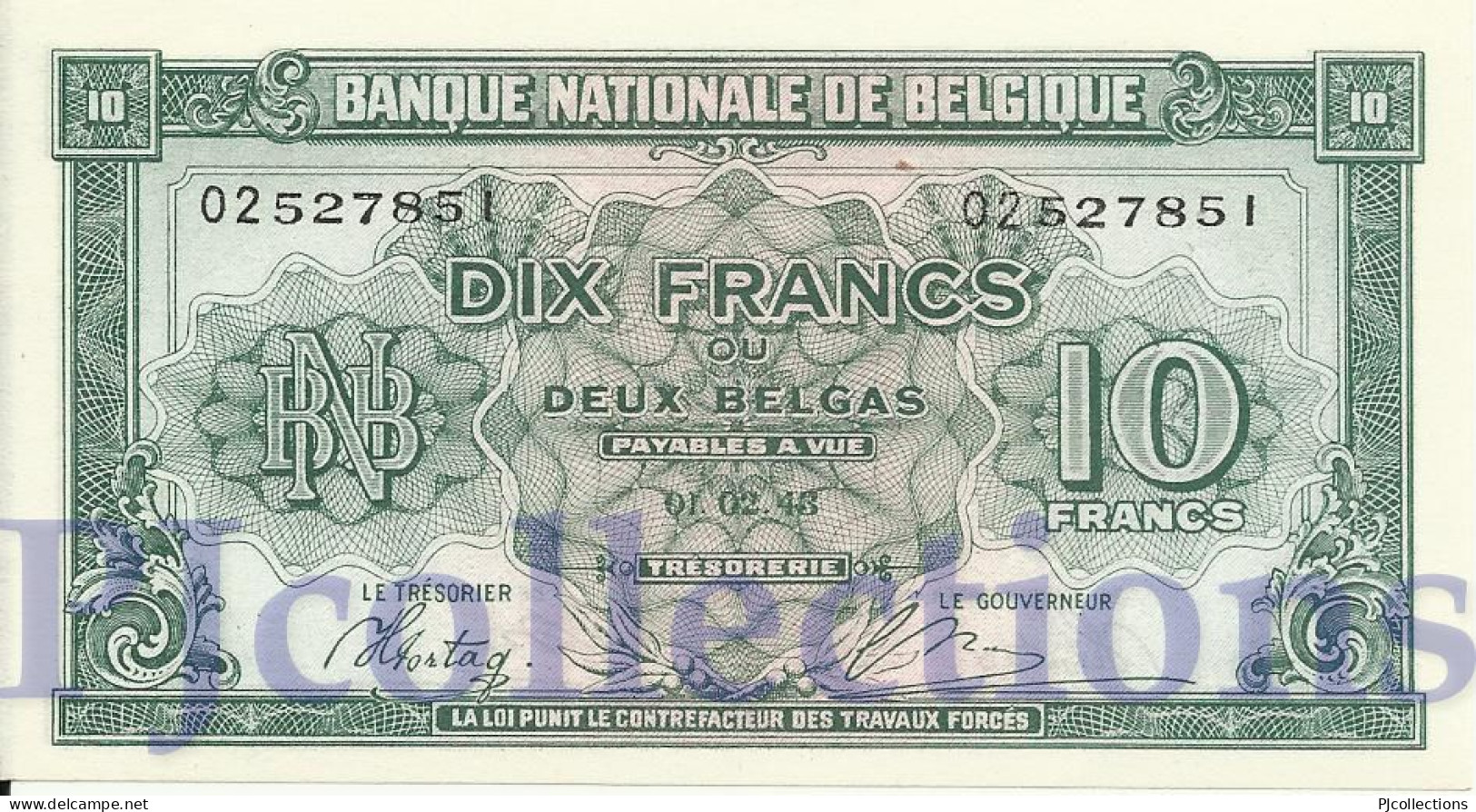 BELGIUM 10 FRANCS 1943 PICK 122 XF+ SERIES "A3" - 100 Francs