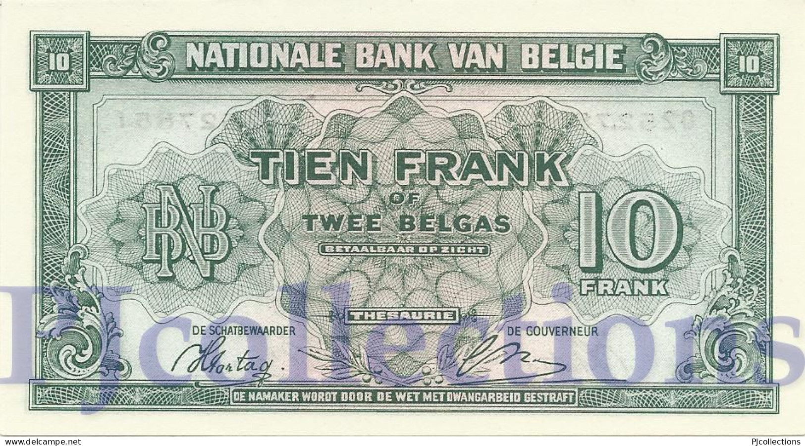 BELGIUM 10 FRANCS 1943 PICK 122 XF+ SERIES "A3" - 100 Francs