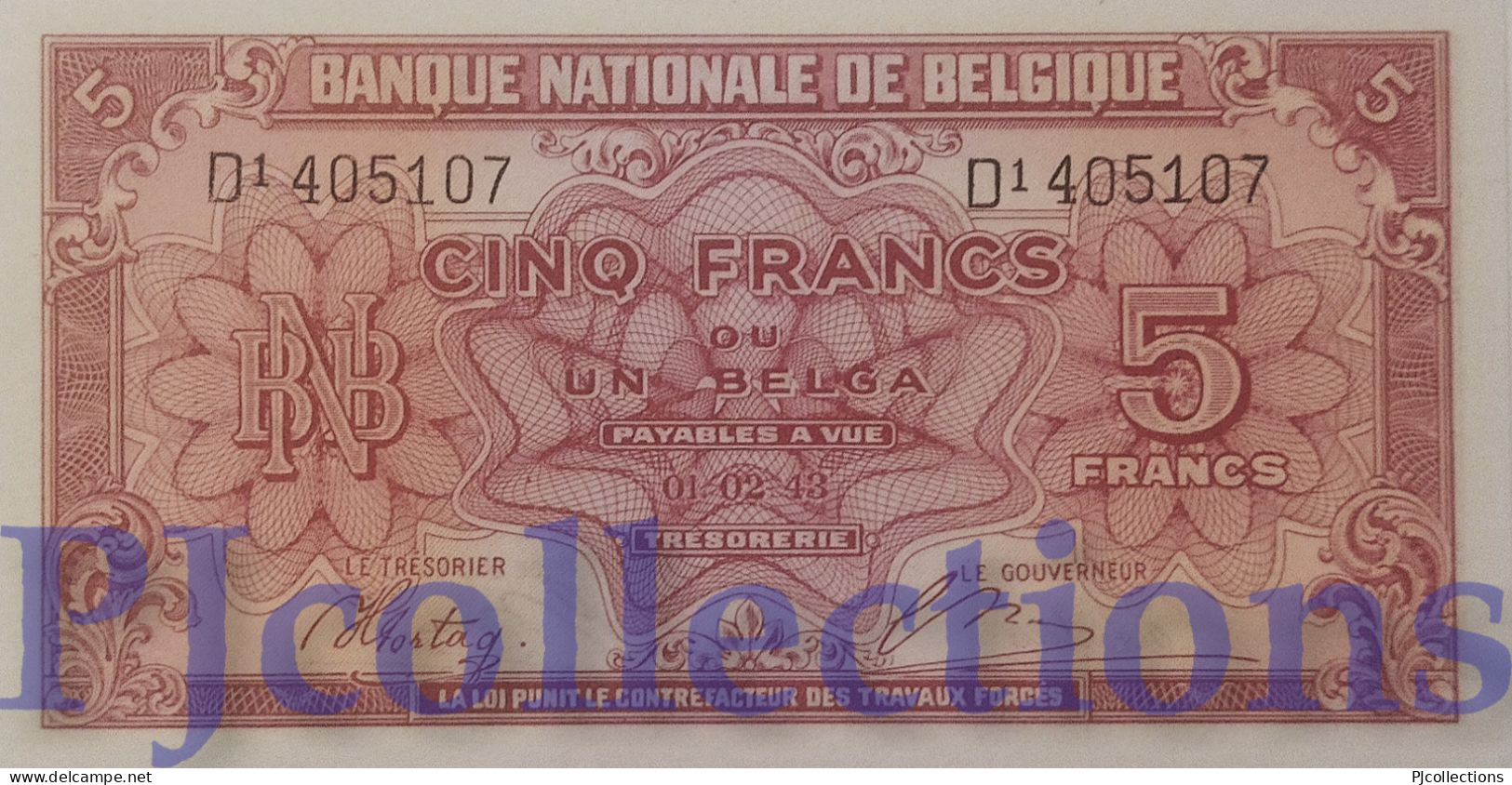 BELGIO - BELGIUM 5 FRANCS 1943 PICK 121 UNC - 5 Francos