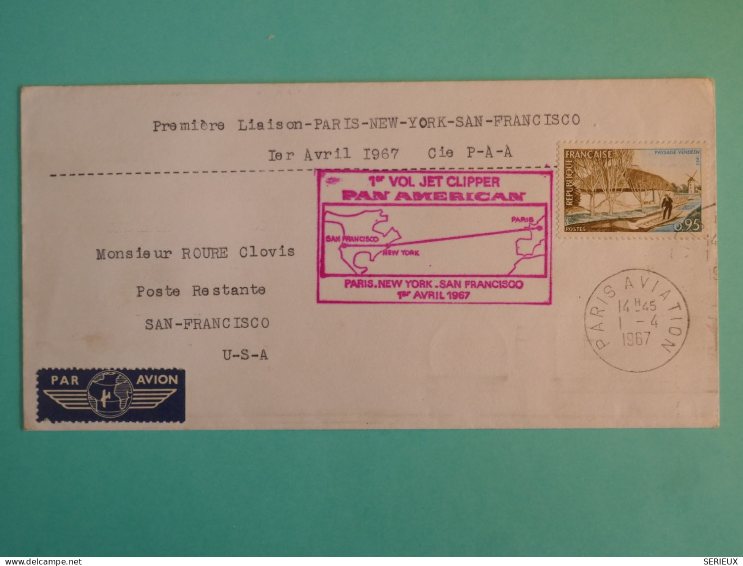 DB19 FRANCE BELLE  LETTRE  +++ 1967   1ER VOL PARIS NEW YORK CLIPPER +AFF. PLAISANT+++++ - 1960-.... Briefe & Dokumente