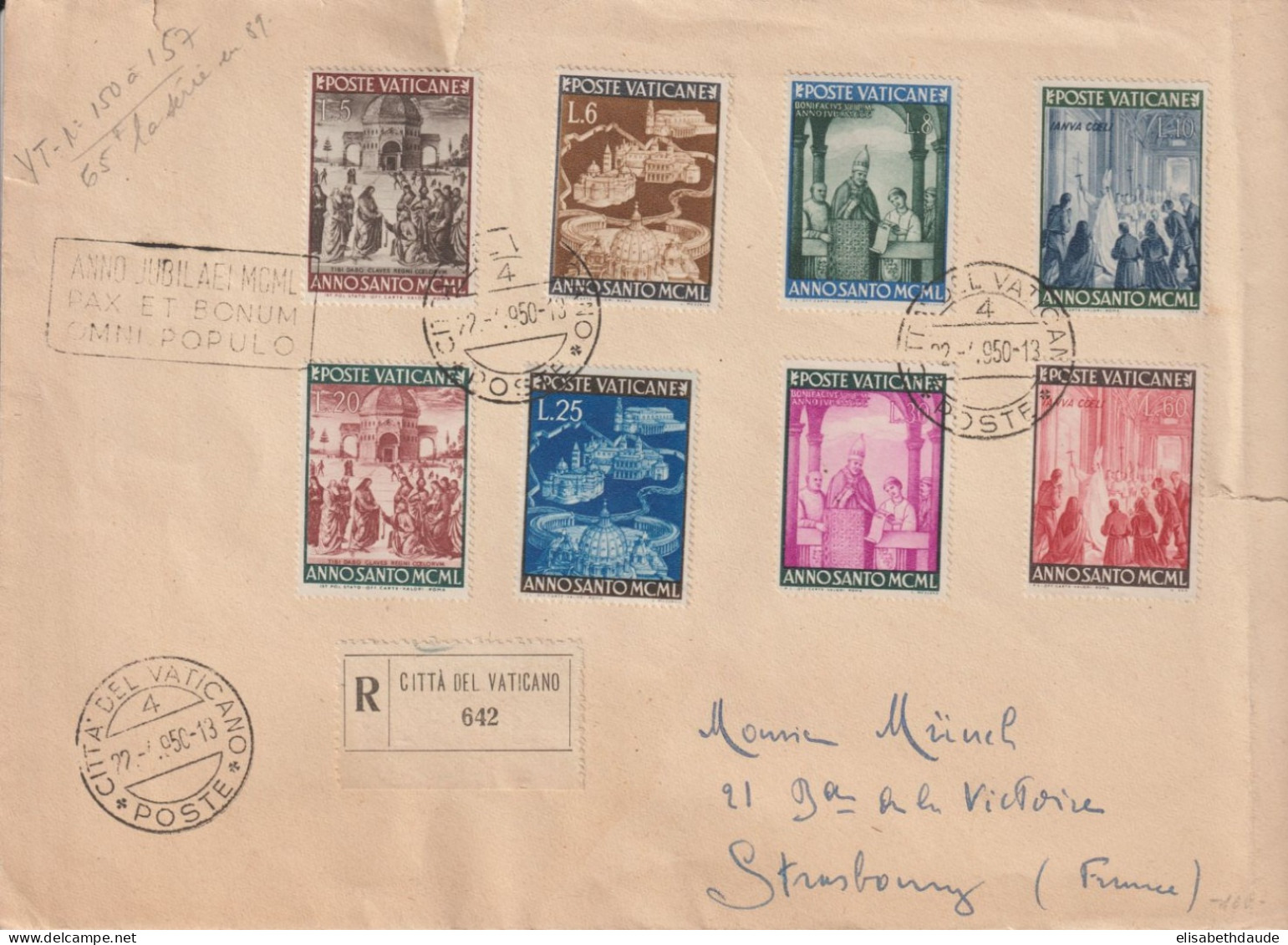 1950 - VATICAN - ENVELOPPE RECOMMANDEE => STRASBOURG ANNO SANTO - Cartas & Documentos