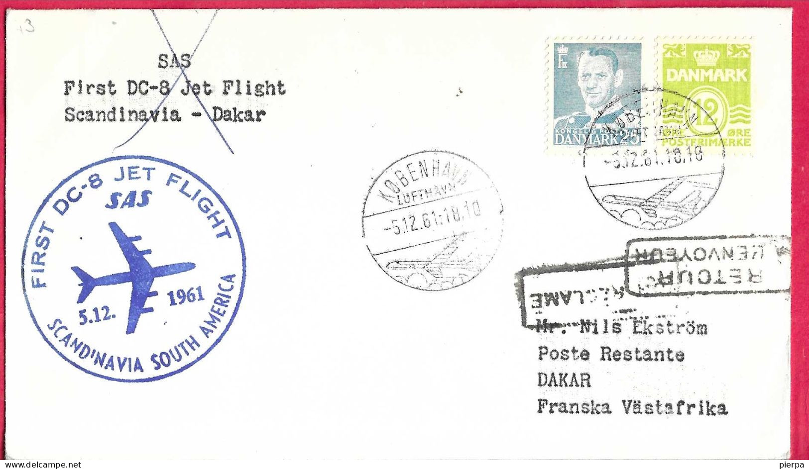 DANMARK - FIRST DC8 FLIGHT SAS FROM KOBENHAVN TO DAKAR *5.12.61* ON OFFICIAL COVER - Aéreo