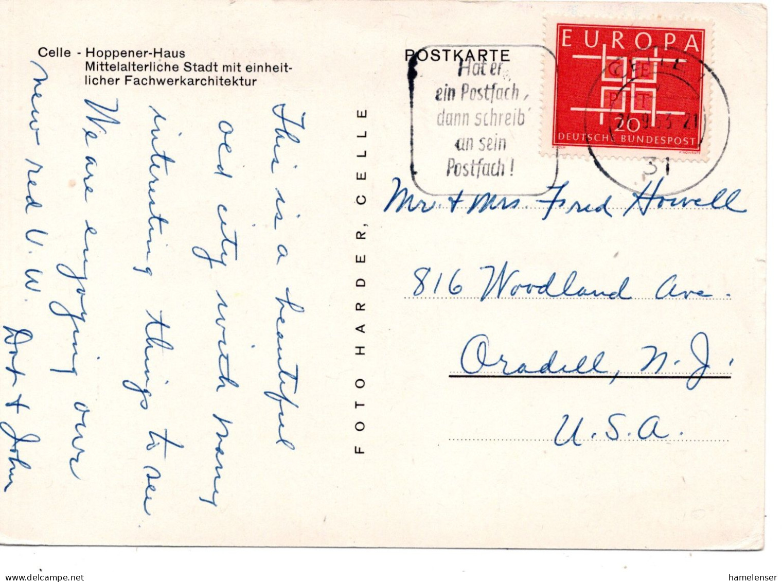 70065 - Bund - 1963 - 20Pfg CEPT '63 EF A AnsKte CELLE - ... -> Oradell, NJ (USA) - Lettres & Documents