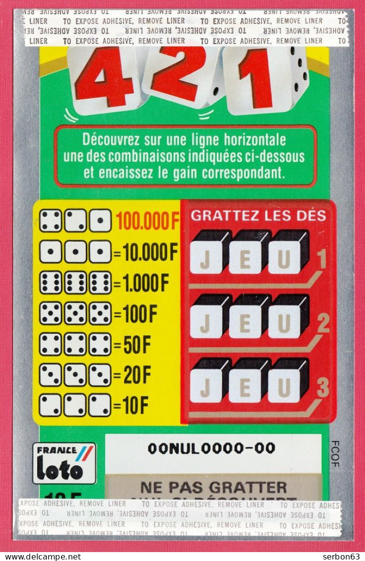 1 TICKET 421 FRANCE LOTO FDJ GRAND SPÉCIMEN NEUF DÉMONSTRATION POUR VITRINE NON GRATTE 19X12,2cm - NOTRE SITE Serbon63 - Billets De Loterie