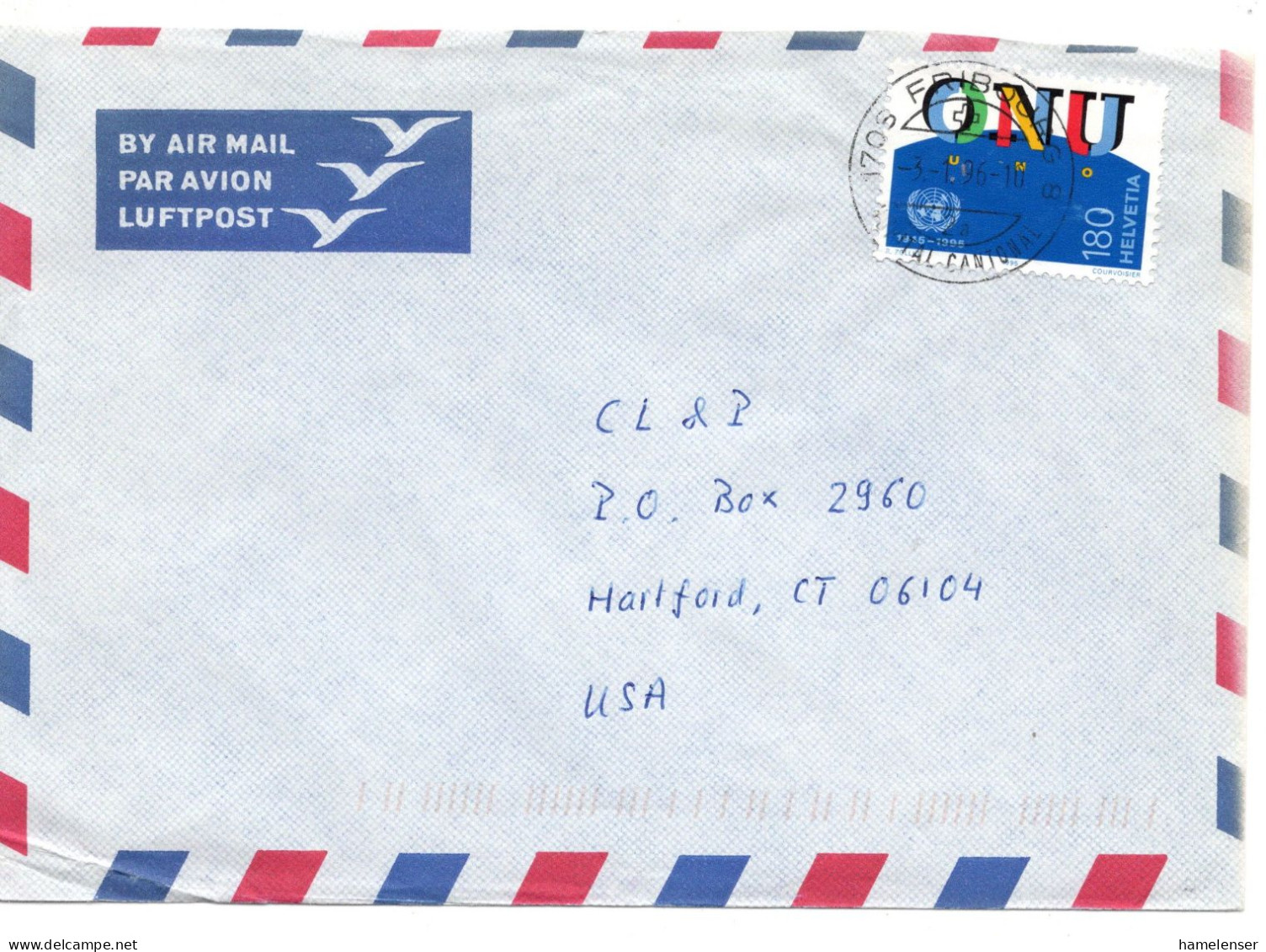 70070 - Bund - 1996 - 180Rp UNO EF A LpBf FRIBOURG -> Hartford, CT (USA) - Storia Postale