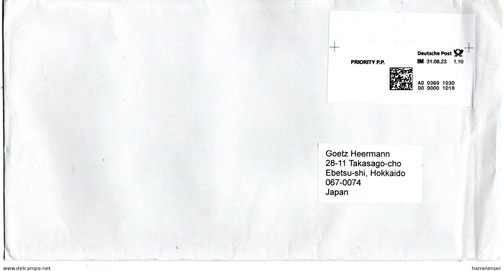 L70078 - Bund - 2023 - €1,10 Internetmke A Bf -> Japan - Lettres & Documents