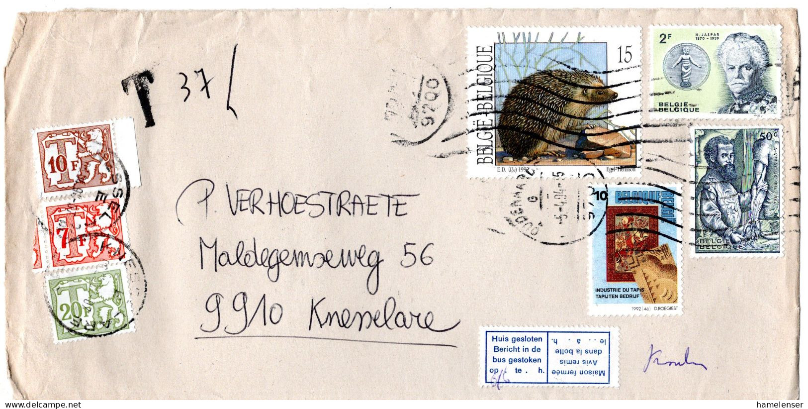L70079 - Belgien - 1994 - 15F Igel MiF A Bf OUDERAARDE -> KNESSELARE, M 37F Nachporto & Aufkleber - Postzegels