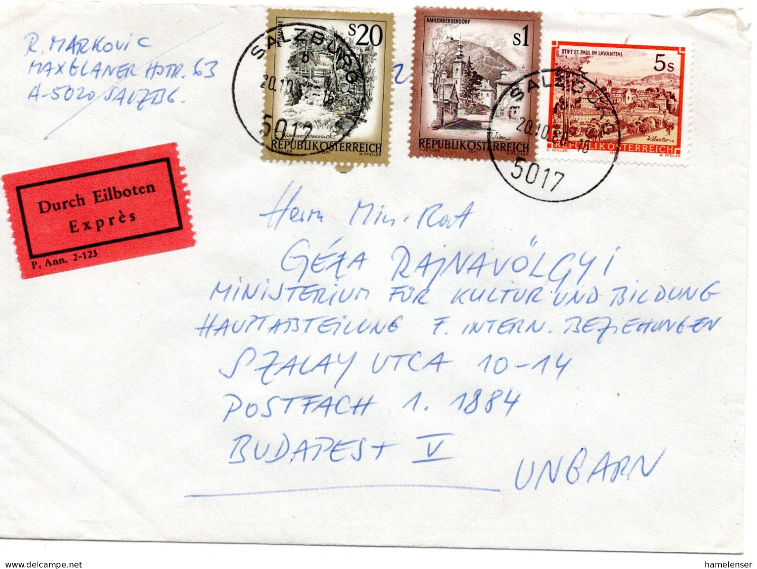 70081 - Österreich - 1988 - S20 Landschaften MiF A EilBf SALZBURG -> BUDAPEST (Ungarn) - Cartas & Documentos