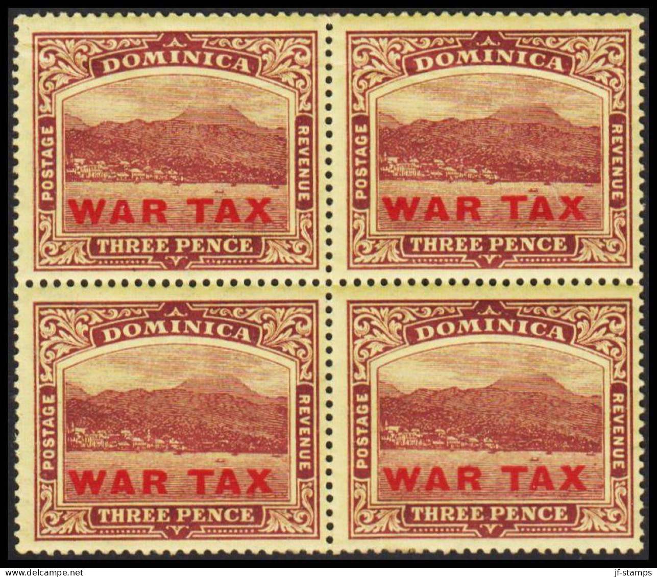 1918-1919. DOMINICA. Roseau Harbour And City WAR TAX / THREE PENCE. In Never Hinged 4bloc.  (MICHEL 54) - JF536060 - Dominica (...-1978)