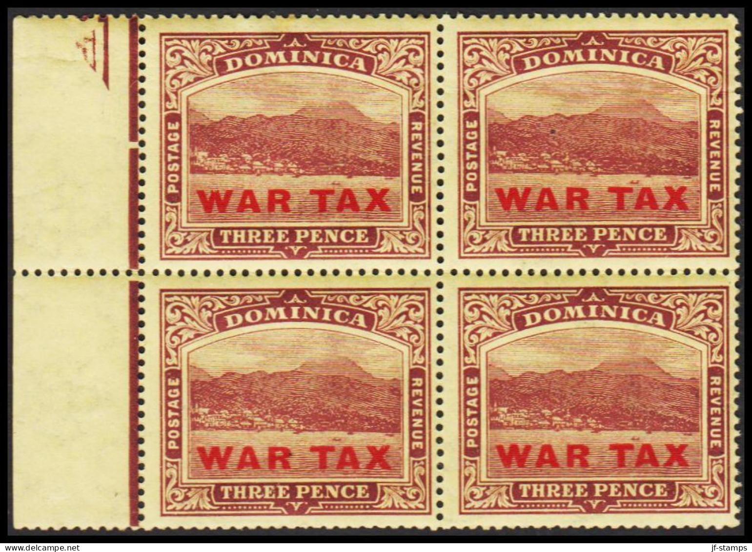 1918-1919. DOMINICA. Roseau Harbour And City WAR TAX / THREE PENCE. In Never Hinged 4bloc.  (MICHEL 54) - JF536061 - Dominica (...-1978)