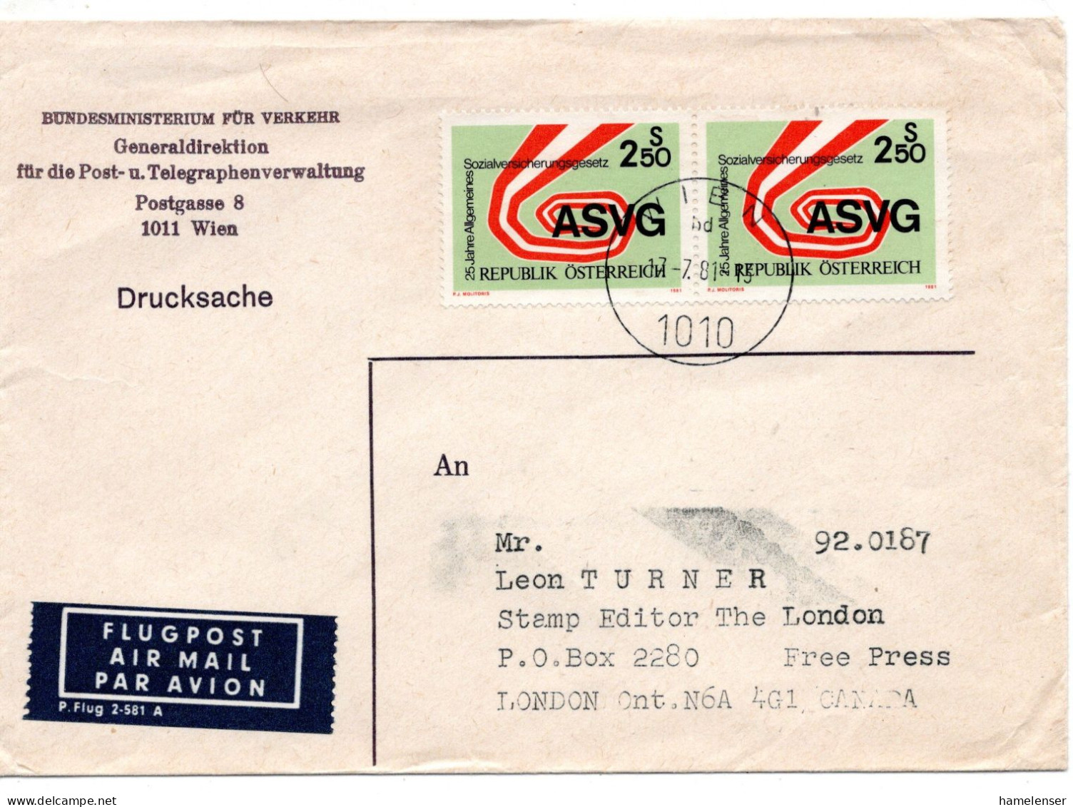 70089 - Österreich - 1981 - 2@S2,50 ASVG A LpDrucksBf WIEN -> London, ON (Canada) - Storia Postale