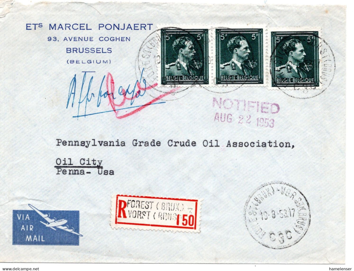 70090 - Belgien - 1953 - 3@5F Baudouin A R-LpBf FOREST -> OIL CITY PA (USA) - Briefe U. Dokumente