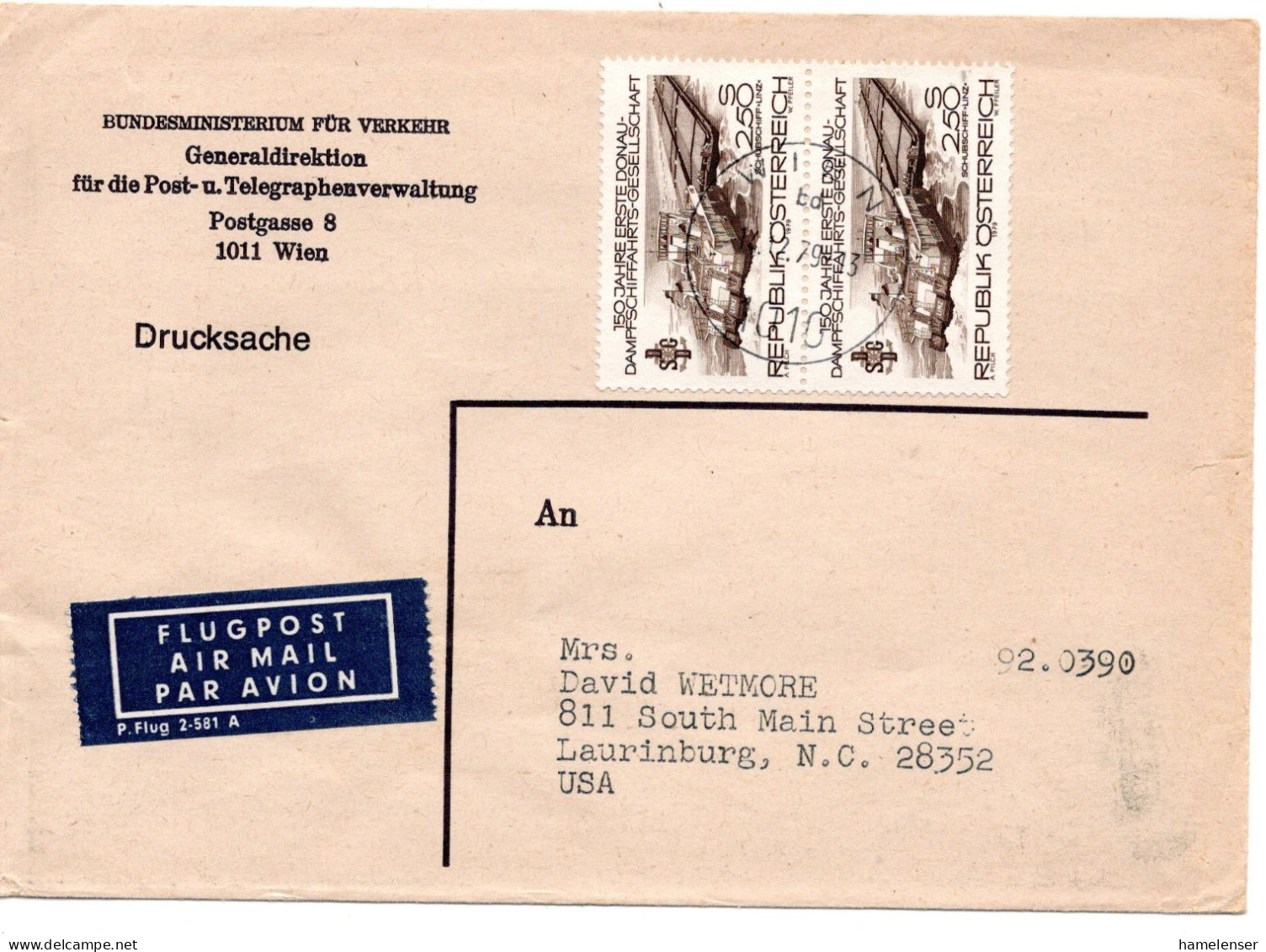 70094 - Österreich - 1979 - 2@S2,50 Donau-Dampfschiffahrt A LpDrucksBf WIEN -> Laurinburg, NC (USA) - Storia Postale