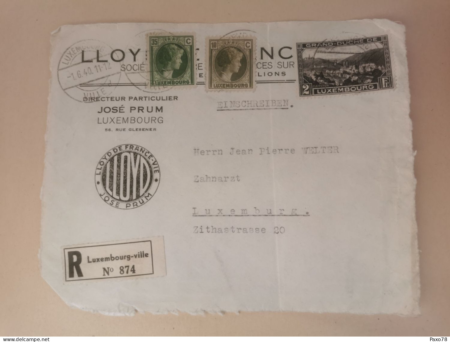 Avant Lettre, José Prum Luxembourg, Recommandé 1940 - Briefe U. Dokumente