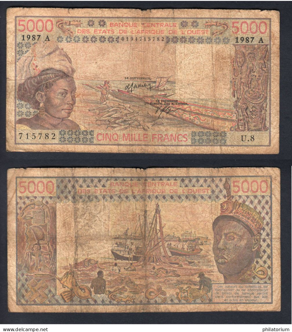 5000 Francs CFA, 1987 A, Côte D'Ivoire, U.8, 715782, Banque France, P#_08, Banque Centrale États De Afrique De L'Ouest - États D'Afrique De L'Ouest