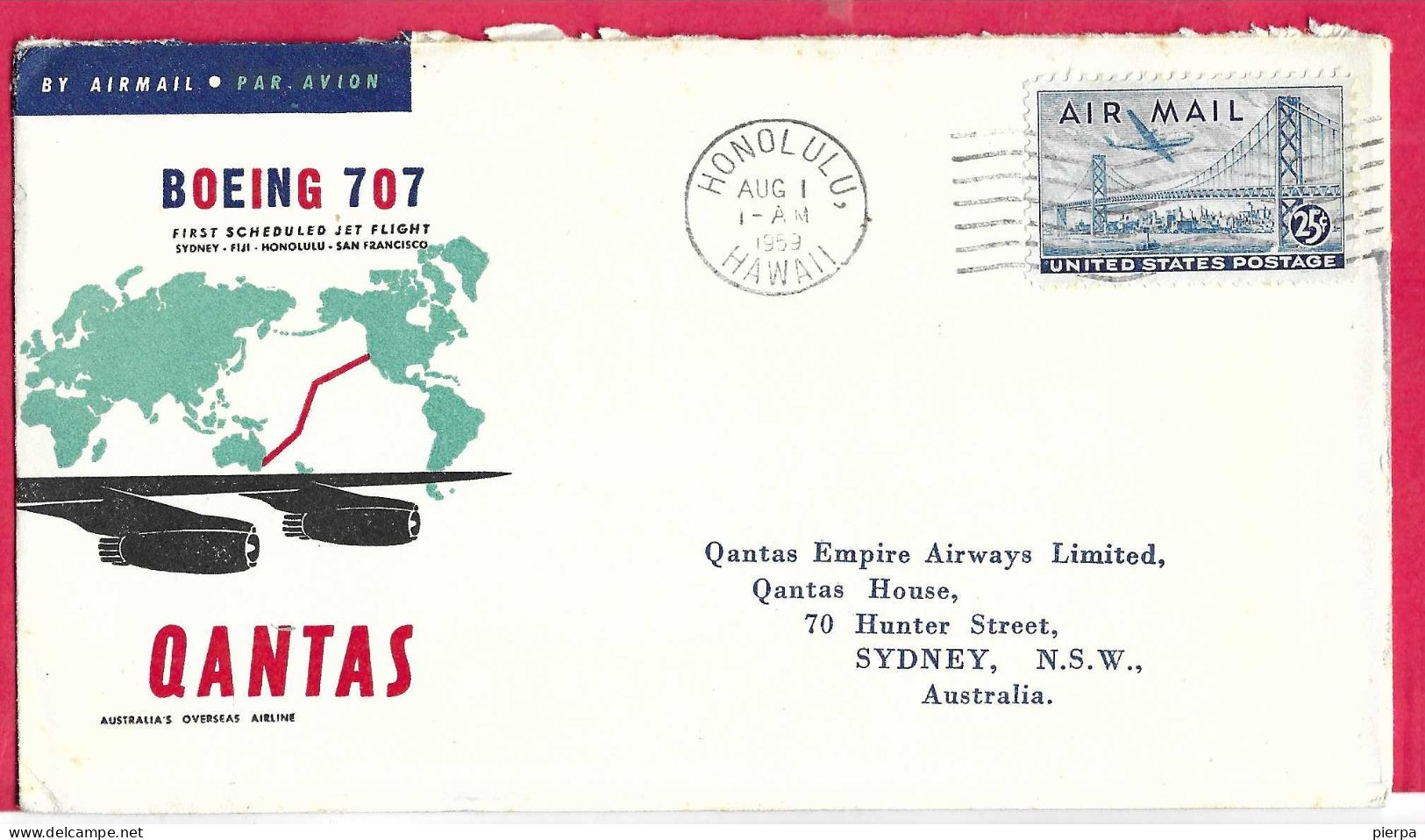 FIRST FLIGHT  B707 QANTAS FROM HONOLULU TO SIDNEY *AUG 1, 1959* ON OFFICIAL COVER - Premiers Vols