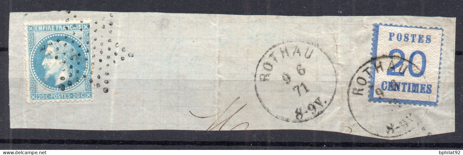 !!! ALSACE LORRAINE, AFFRANCH MIXTE 20C LAURE ET N°6 CACHET ROTHAU SUR FRAGMENT - Usati