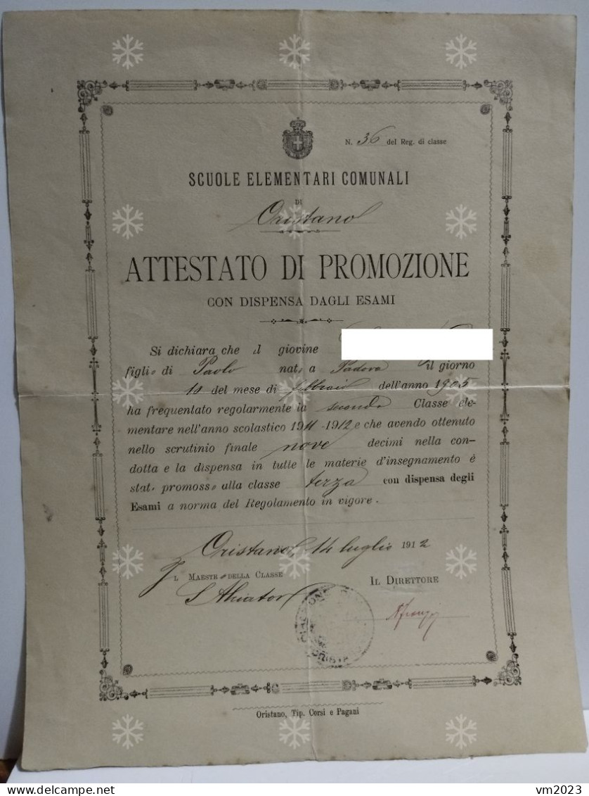 Sardegna Scuole Elementari Comunali Di Oristano. Attestato Di Promozione 1912 - Diplômes & Bulletins Scolaires