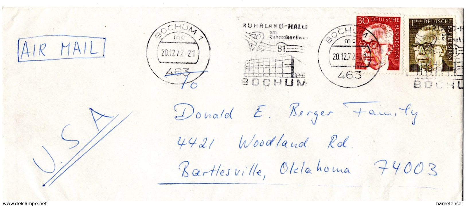 L70109 - Bund - 1972 - 1DM Heinemann MiF A LpBf BOCHUM - ... -> Bartlesville, OK (USA) - Covers & Documents