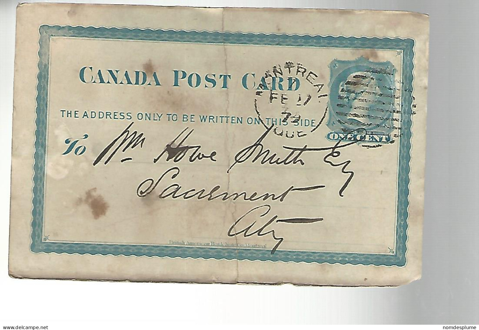 52860 ) Canada Postal Stationery Montreal 1879 Postmark Duplex - 1860-1899 Reign Of Victoria