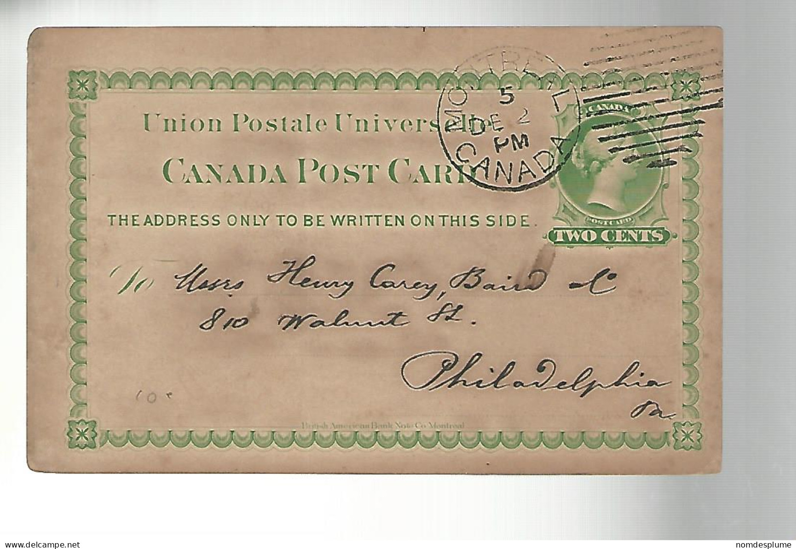 52863 ) Canada Postal Stationery Montreal 1893 Postmark Duplex - 1860-1899 Regno Di Victoria