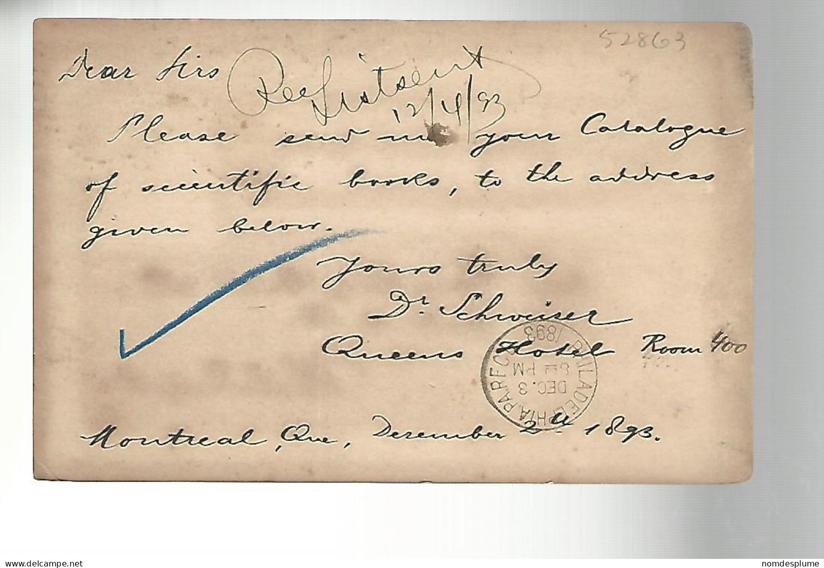 52863 ) Canada Postal Stationery Montreal 1893 Postmark Duplex - 1860-1899 Règne De Victoria