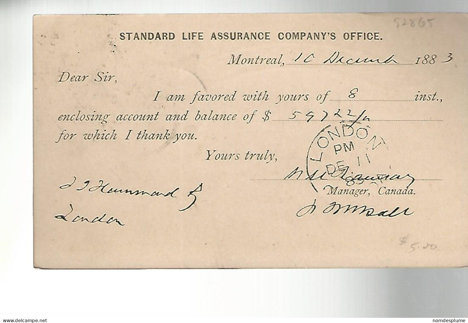 52865 ) Canada Postal Stationery Montreal 1883 Postmark Duplex  - 1860-1899 Regering Van Victoria