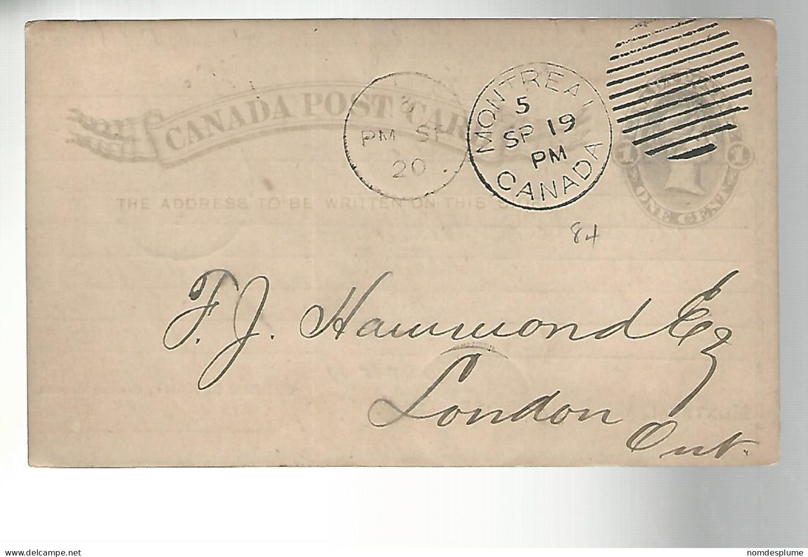 52868 ) Canada Postal Stationery Montreal 1884 Postmark Duplex  - 1860-1899 Règne De Victoria