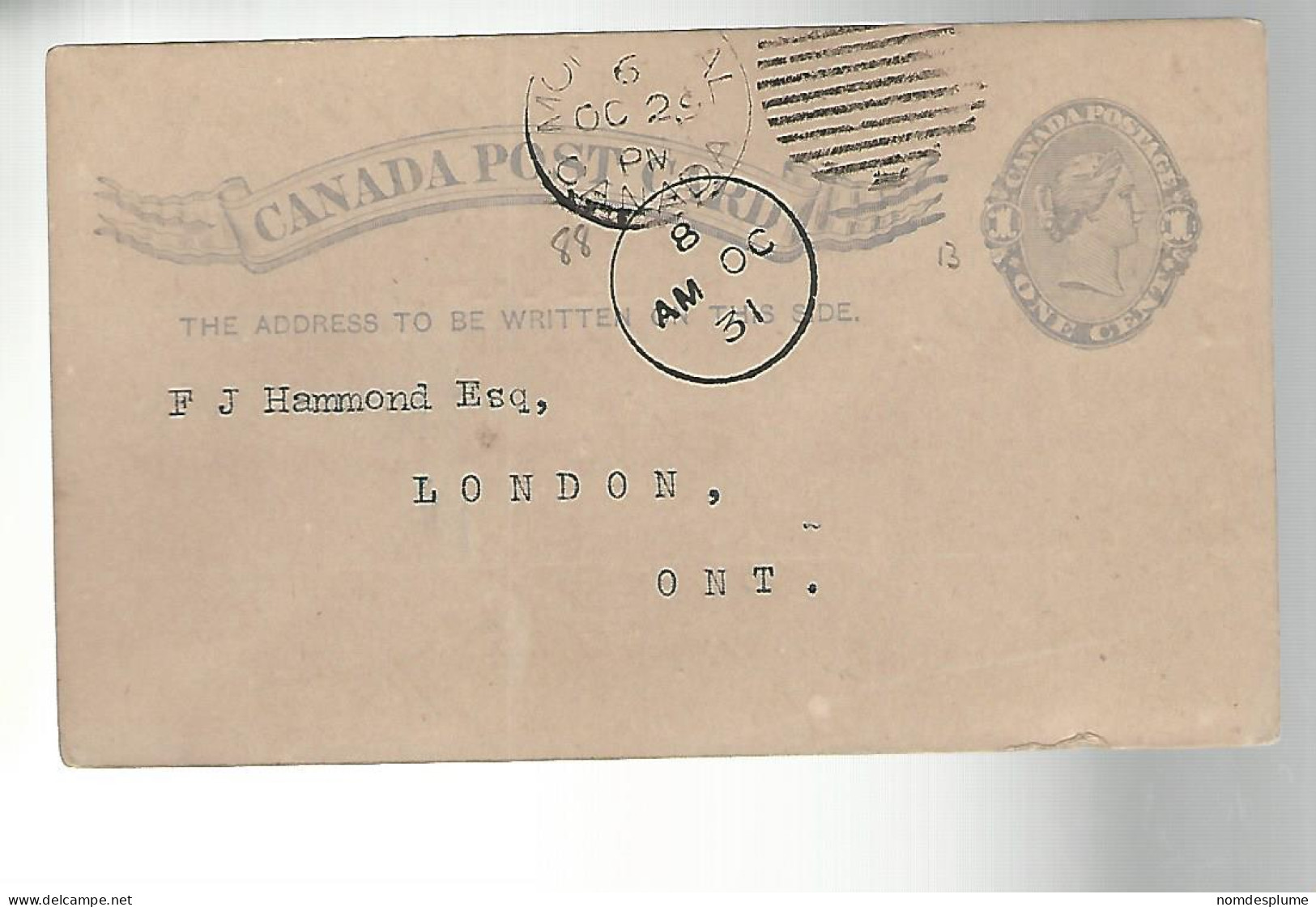 52869 ) Canada Postal Stationery Montreal 1888 Postmark Duplex  - 1860-1899 Reinado De Victoria