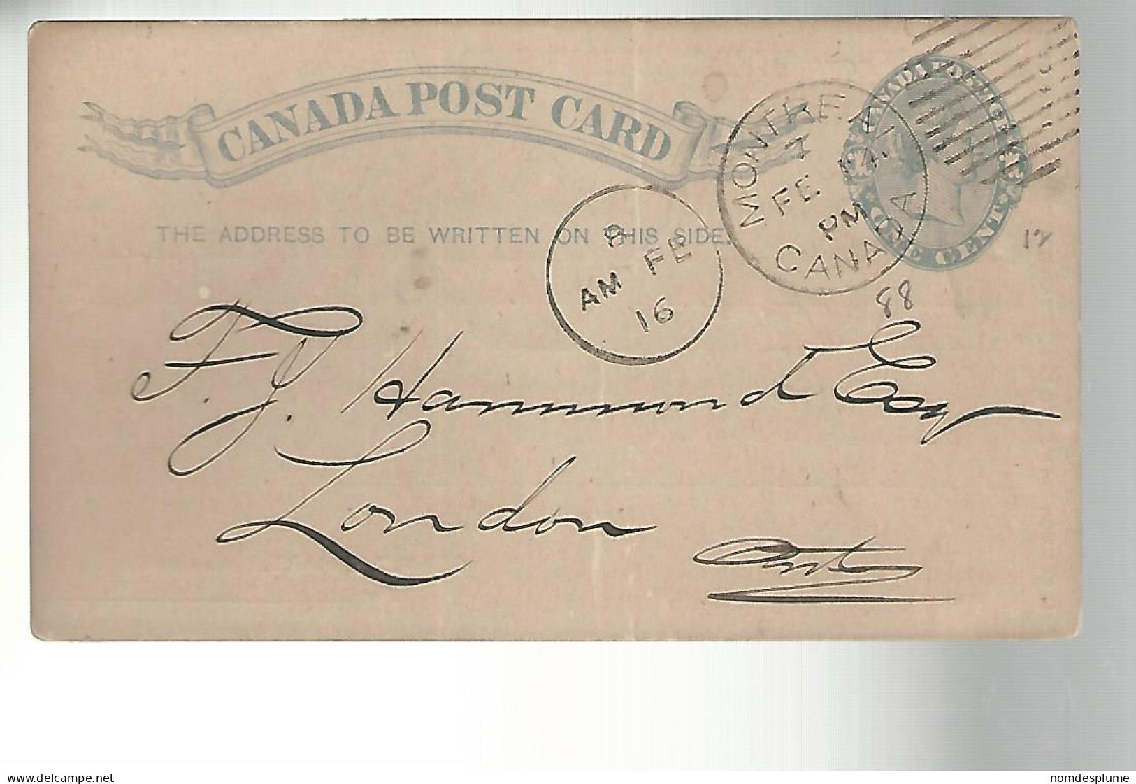 52870 ) Canada Postal Stationery Montreal 1888 Postmark Duplex  - 1860-1899 Règne De Victoria